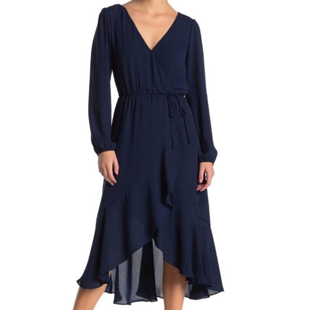 Socialite Navy Ruffled Faux Wrap Midi Dress